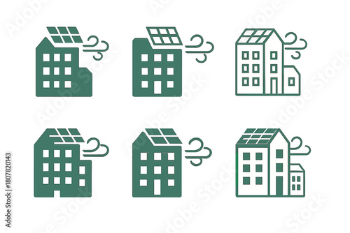 Energy-efficient Icon Set. Energy-efficient buildings. Icon set. Set Logo of energy-efficient buildings: smart building with solar grid and wind