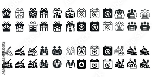 Celebration icons: presents, group gatherings, and cake symbols