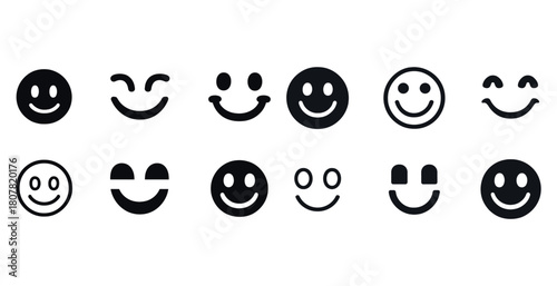 Set of black and white smiley face icons with various expressions