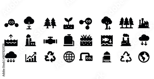 Environmental icons: ecology, recycling, industry, climate, conservation symbols