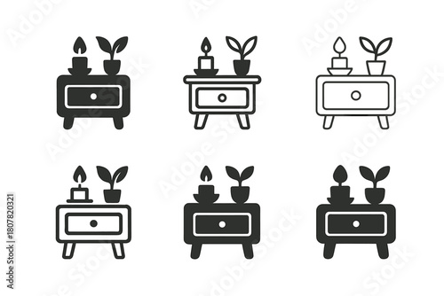 Peaceful Bedroom Logos. A peaceful bedroom with soft, calming colors and scents. Icon set. Set Logo of peaceful bedroom: minimalist nightstand with candle and