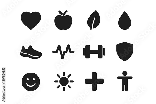 Health Benefit Icons. Health benefits. Solid icon set of health benefits: heart, apple, leaf, water drop, running shoe, heartbeat, dumbbell, shield, smile,