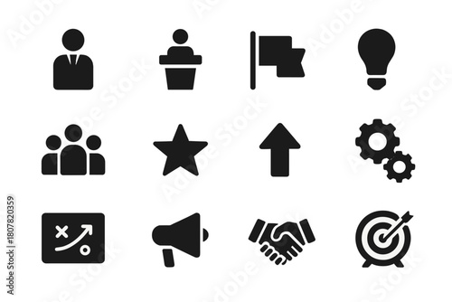 Leadership Icon Set. Leadership. Solid icon set of leadership: leader figure, podium, flag, lightbulb, people group, star, upward arrow, gears, plan board,