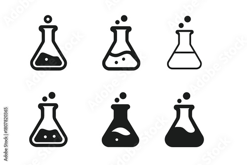 Research Logo Variations. Research. Icon set. Set Logo of Research: Laboratory flask. harmonious logo variations of the same emblematic concept, each with