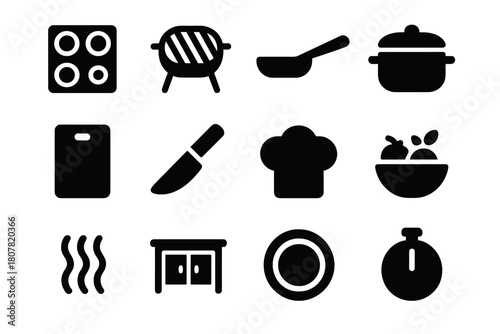 Kitchen Utensils Icons. Food preparation area. Solid icon set of Food preparation area: stove, grill, frying pan, pot, cutting board, knife, chef