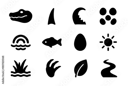 Crocodile Icon Set. Crocodiles and alligators. Solid icon set of crocodiles and alligators: crocodile head, tooth, tail, scales, water ripple, fish, egg, sun,