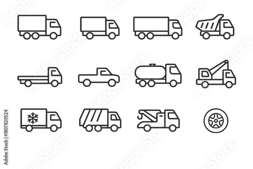Truck Icon Set. Truck types. Line icon set of truck types: cargo truck, delivery truck, semi-trailer, dump truck, flatbed, pickup truck, fuel tanker, crane