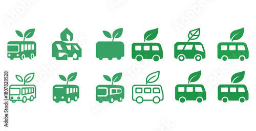 Green eco-friendly vehicle icons with leaves illustrating sustainability and renewable energy