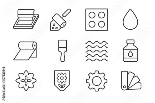 Print Techniques Icons. Printing techniques. Line icon set of printing techniques: silk screen, roller, pattern stencil, paint drop, textile roll, brush,