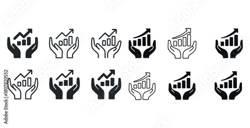 Set of hands holding rising graph icons in various styles