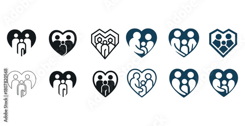 Heart-shaped family icons collection in diverse styles and designs