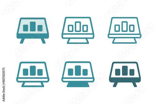 Product Logo Variations. Product table display. Icon set. Set Logo of product table display: rectangular showcase with labeled items. harmonious logo
