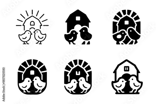 Farm Joy Icons. Joyful scenes at a farm, with baby animals. Icon set. Set Logo of farm joy: baby chicks near a barn with rising sun. harmonious logo variations