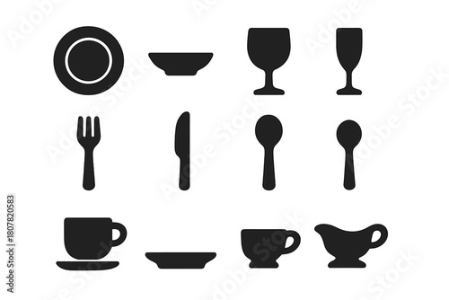 Holiday Dinnerware Icons. Holiday Dinnerware. Solid icon set of Holiday Dinnerware: charger plate, soup bowl, dessert plate, wine goblet, champagne flute,