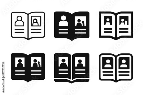 Family Album Icons. Creating family photo albums and scrapbooks. Icon set. Set Logo of creating family photo albums and scrapbooks: open photo album with