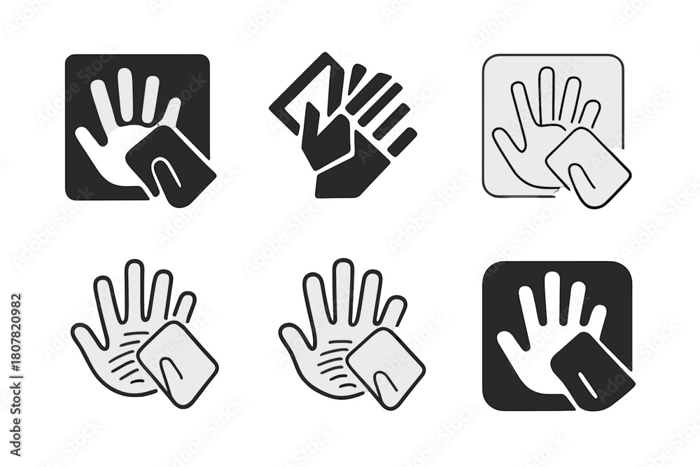 Obraz premium Fingerprint Erasure Icons. Wiping fingerprints off glass. Icon set. Set Logo of wiping fingerprints off glass: handprint partially erased from a