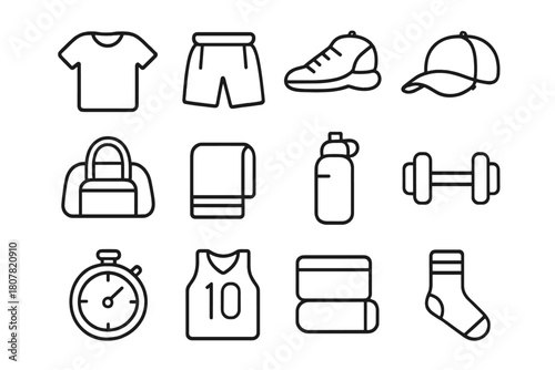 Minimalist Sportswear Icons. Sportswear. Line icon set of sportswear: T-shirt, shorts, sneakers, cap, gym bag, towel, water bottle, dumbbell, stopwatch,