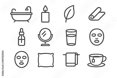 Self Care Icons. Self care. Line icon set of self care: bathtub, candle, leaf, yoga mat, essential oil, mirror, water glass, face mask, pillow,