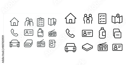 Set of minimalist icons including home, people, checklist, map, phone, car, id, radio, bottle, notebook