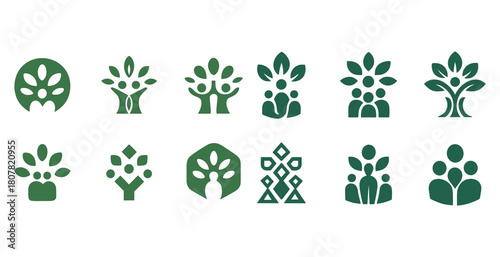 Collection of green family and tree symbols representing growth and unity