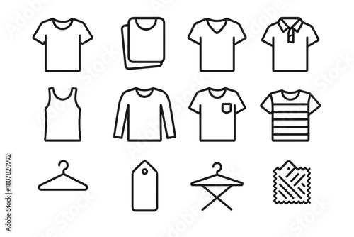 T-Shirt Icon Set. T-shirt. Line icon set of T-shirt: plain T-shirt, folded T-shirt, V-neck T-shirt, polo shirt, tank top, long sleeve shirt, pocket T-shirt,