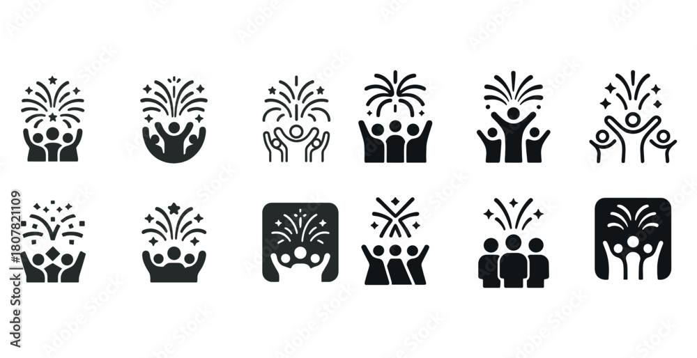 Obraz premium Celebration icons set with fireworks and people in festive poses