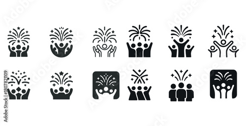 Celebration icons set with fireworks and people in festive poses