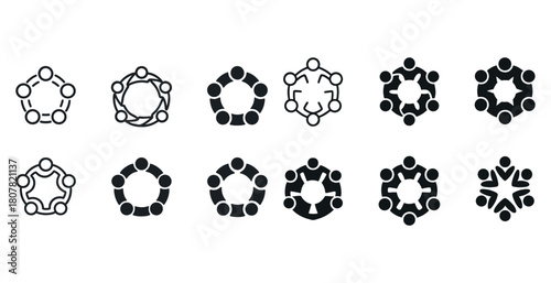 Set of circular teamwork and collaboration icons in black and white