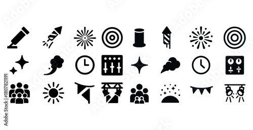 Festive icons: fireworks, targets, banners, and clocks in black and white design