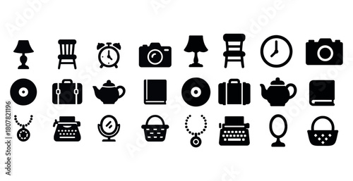 Silhouette icon set of everyday items including furniture and appliances
