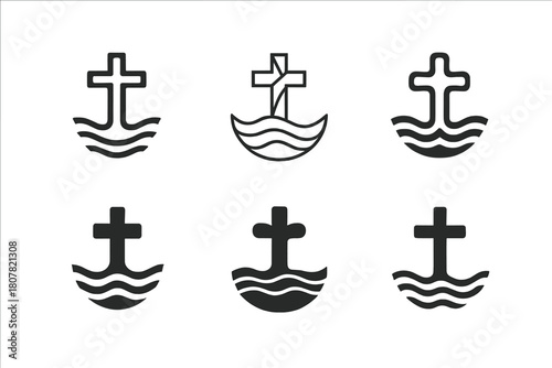 Baptism Emblems Collection. The significance of baptism in Christian faith. Icon set. Set Logo of baptism: cross emerging from rippling water. harmonious logo