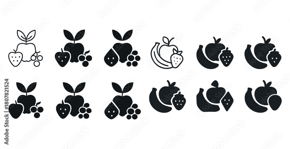 Fototapeta premium Variety of black and white fruit icons featuring apples, strawberries, bananas, and grapes