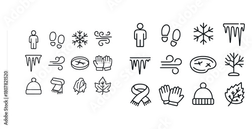 Winter icons: clothing, weather, snowflakes, footprints, icicles