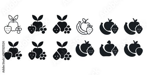 Variety of black and white fruit icons featuring apples, strawberries, bananas, and grapes