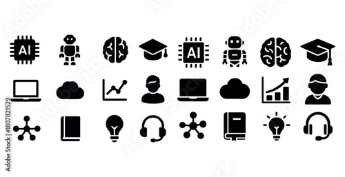 Artificial intelligence and education icons: technology, learning, and innovation