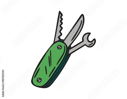 Multitool with various functions, hand drawn doodle