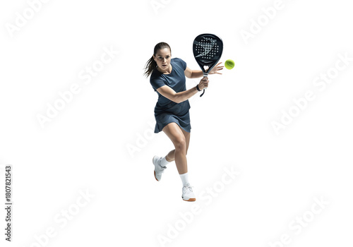A female padel player in action hitting the ball, transparent background