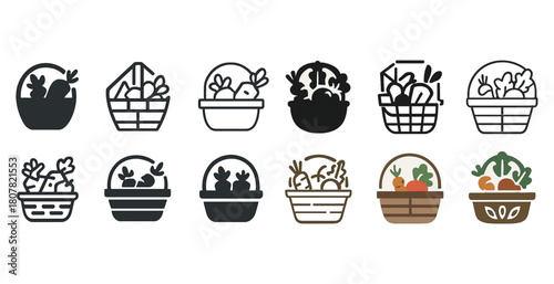 Variety of vegetable basket icons in different styles and colors