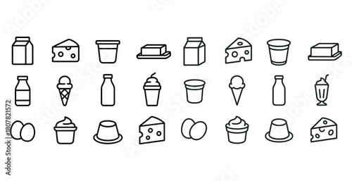Line illustrations of dairy products including cheese, milk, and yogurt