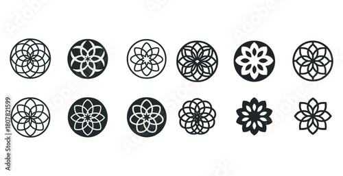 Set of twelve geometric floral patterns in black and white circles