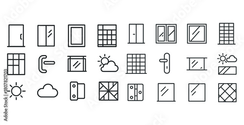 Modern window and door icons: design elements featuring handles and weather symbols