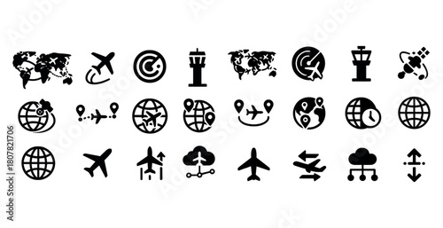 Air travel icons: global flight, navigation, airport, connectivity, globe symbols