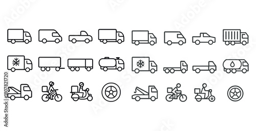 Set of vehicle icons featuring trucks, bikes, and scooters for transport and delivery