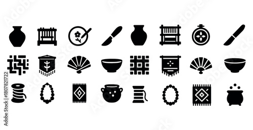 Silhouette craft icons: pottery, textiles, painting, beads, fans, rugs
