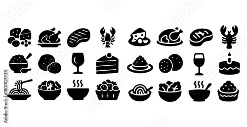 Assorted food icons: cheese, chicken, steak, lobster, noodles, cake, wine, salad, cookies