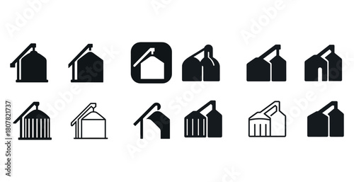 Set of various silo icons in black and white for industrial and agricultural use