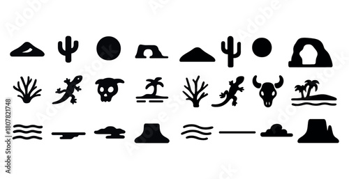 Desert icons: cactus, reptile, skull, oasis, mountains, sun, arch