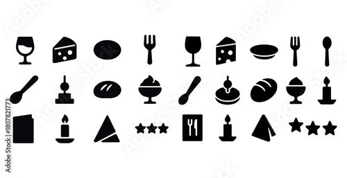 Collection of culinary icons featuring food items and utensils