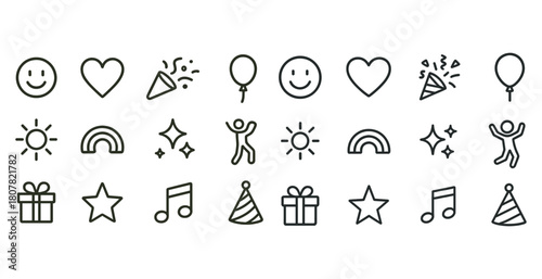 Minimalist celebration icons: balloons, music, gifts, and joyful expressions