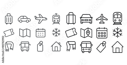 Travel and transportation icon set: luggage, vehicles, maps, calendar, winter elements